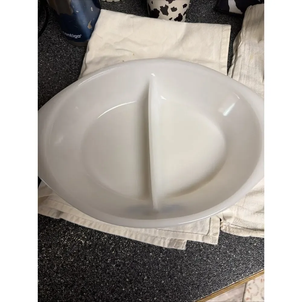 Vintage Glassbake Divided Oval Casserole Dish White Blue Floral 12x8 in #j2352